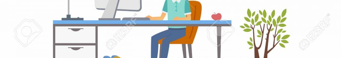 Online education - modern vector illustration of happy junior school boy student working at the PC, doing home work. Pupil sitting at the desk with monitor, having a lesson, courses, webinar in her room